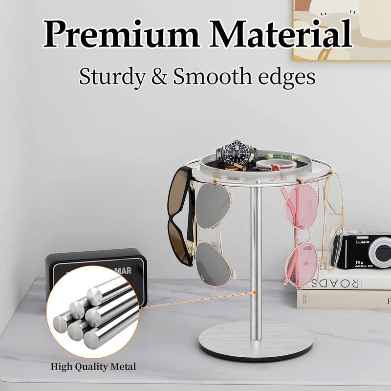 LSK Metal Sunglasses Organizer, Glasses Holder Stand with Storgae Tray, Eyeglasses Holder with Anti-Slip Pads for Tabletop, Desk, Dresser, Brushed Nickel - Image 2